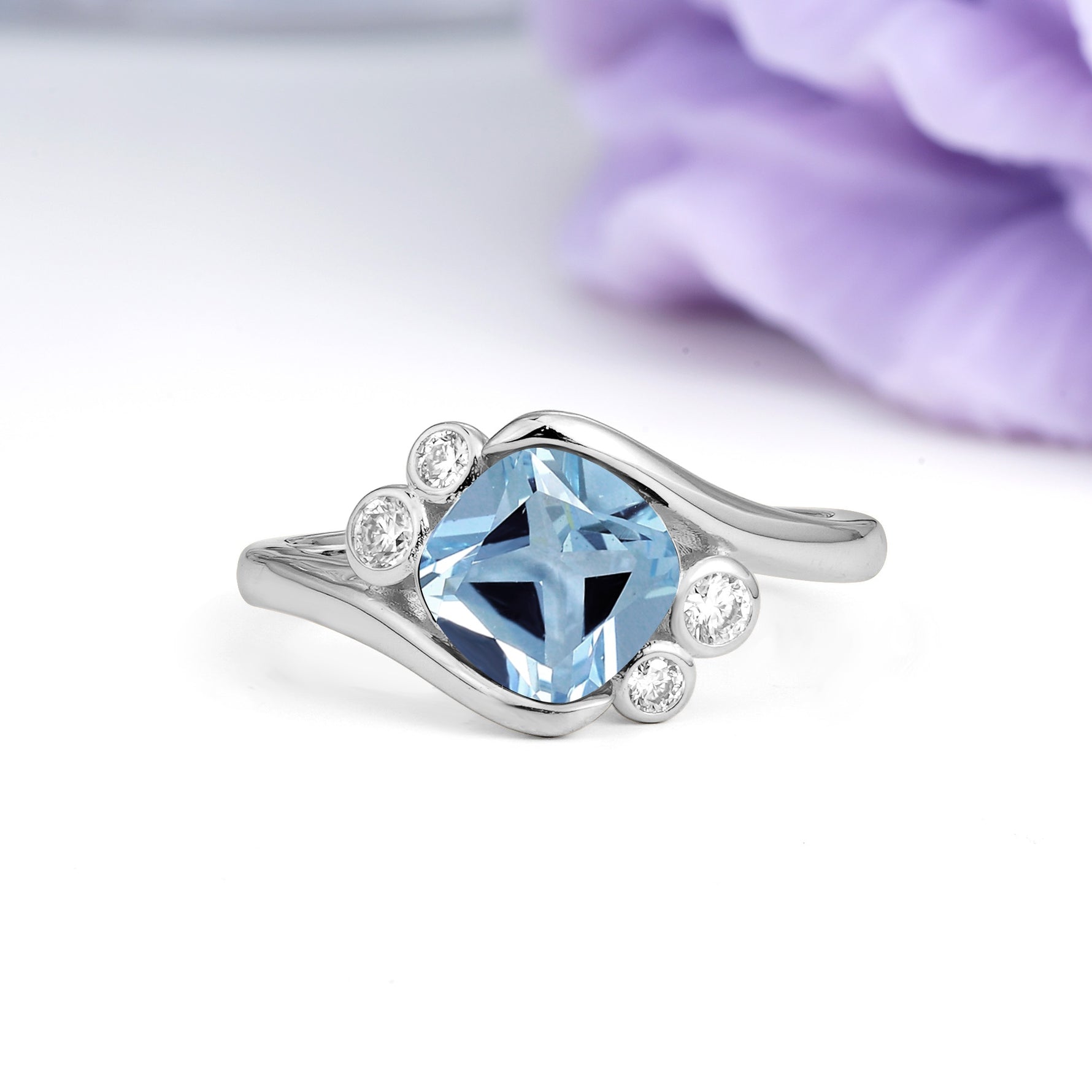 Unique Inset Princess Cut Aquamarine Engagement Ring - Additional view