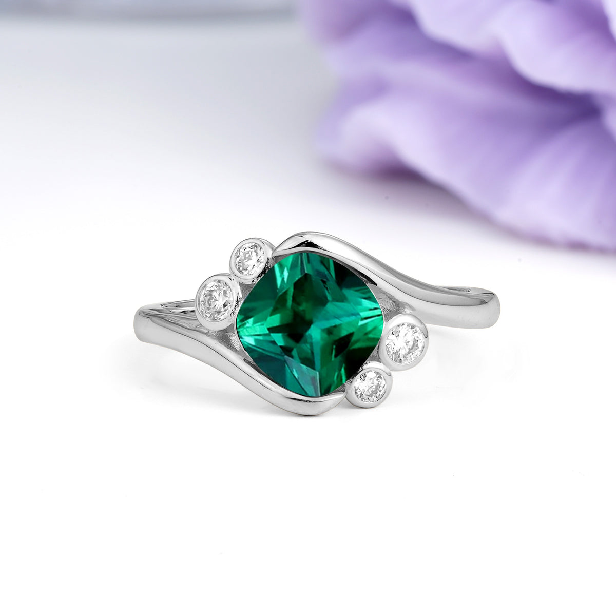 Unique Inset Princess Cut Emerald Engagement Ring - Additional view