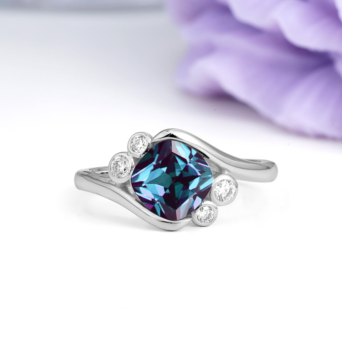 Unique Inset Princess Cut Alexandrite Engagement Ring - Additional view