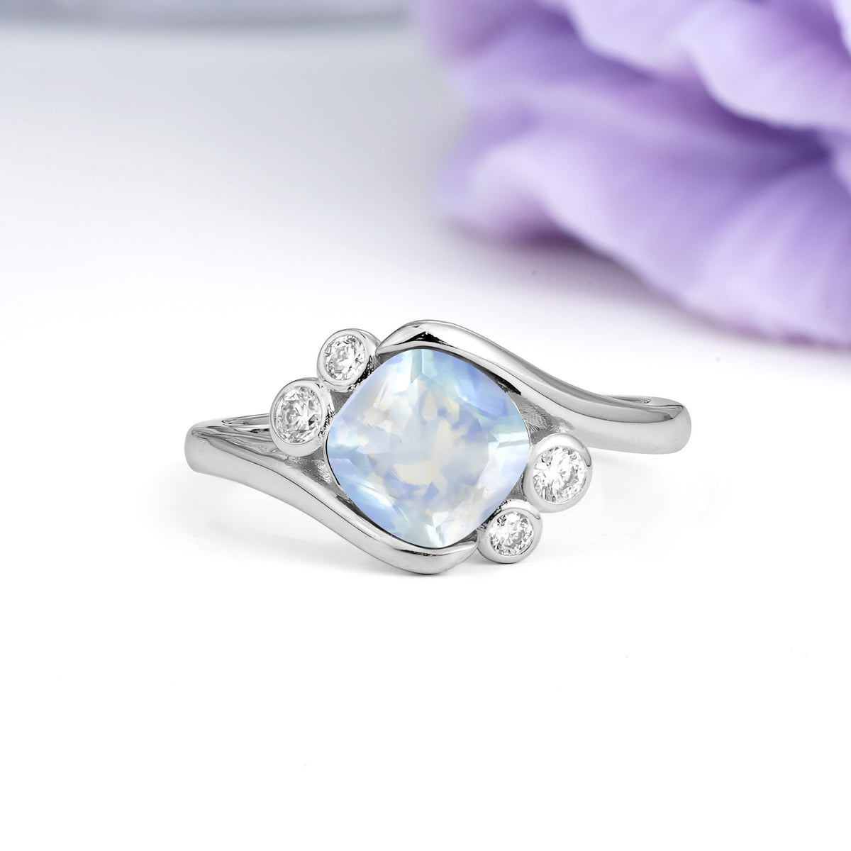 Unique Inset Princess Cut Moonstone Engagement Ring - Additional view