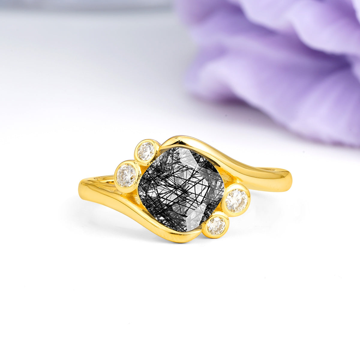 Unique Inset Princess Cut Black Rutilated Quartz Engagement Ring - Additional view