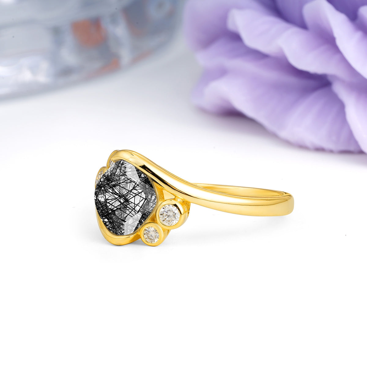 Unique Inset Princess Cut Black Rutilated Quartz Engagement Ring - Additional view