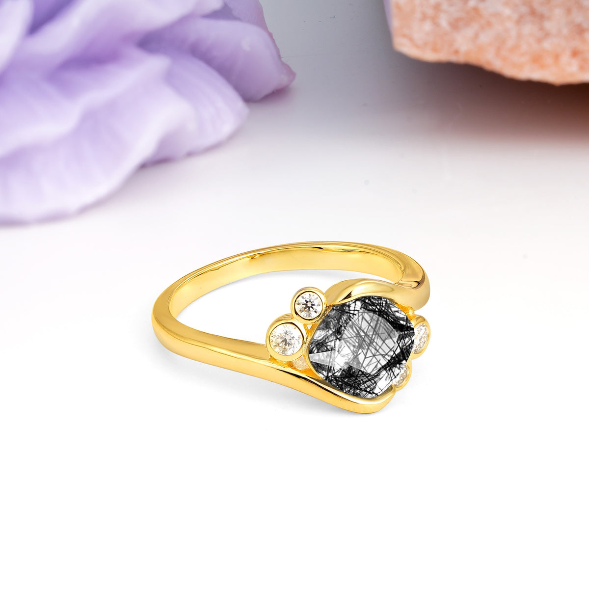 Unique Inset Princess Cut Black Rutilated Quartz Engagement Ring - Additional view