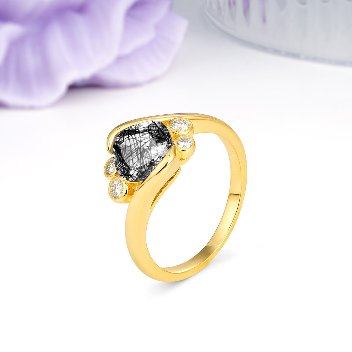 Unique Inset Princess Cut Black Rutilated Quartz Engagement Ring - Additional view