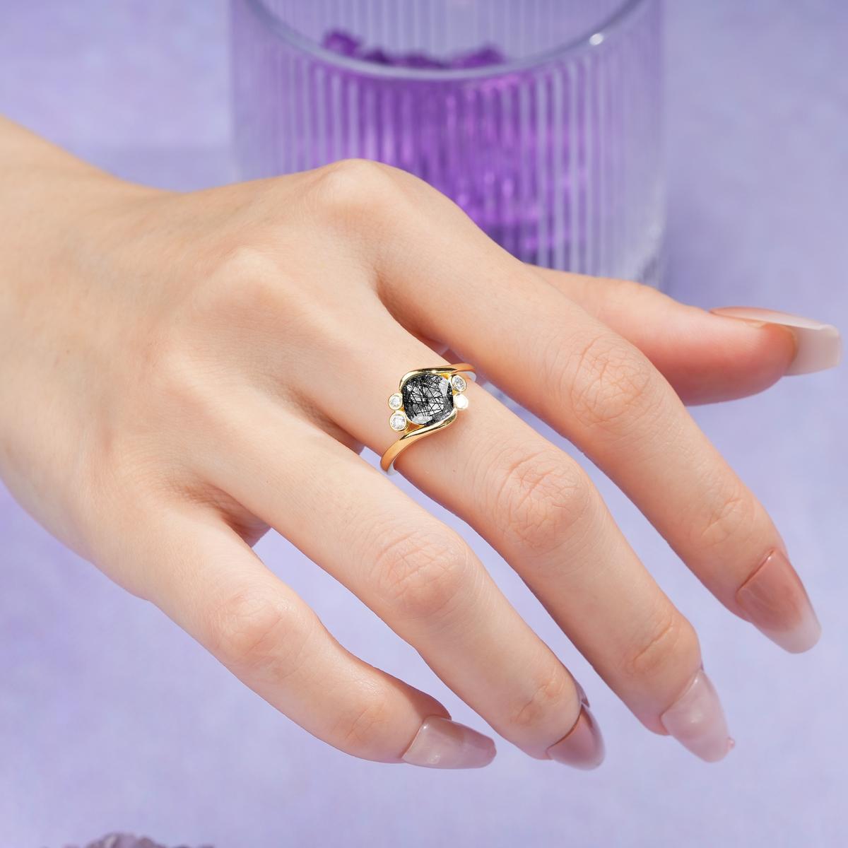 Unique Inset Princess Cut Black Rutilated Quartz Engagement Ring
