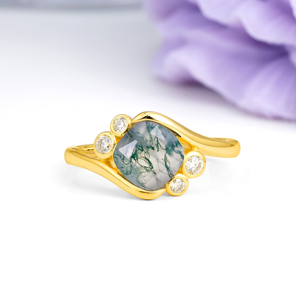 Unique Inset Princess Cut Moss Agate Engagement Ring - Additional view