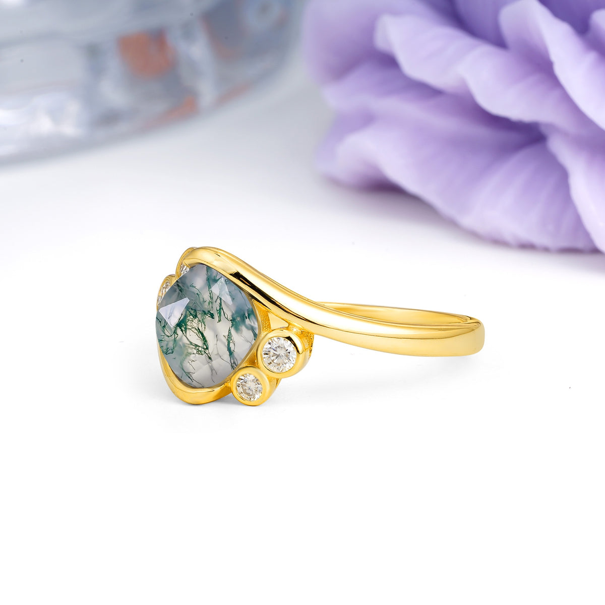 Unique Inset Princess Cut Moss Agate Engagement Ring - Additional view