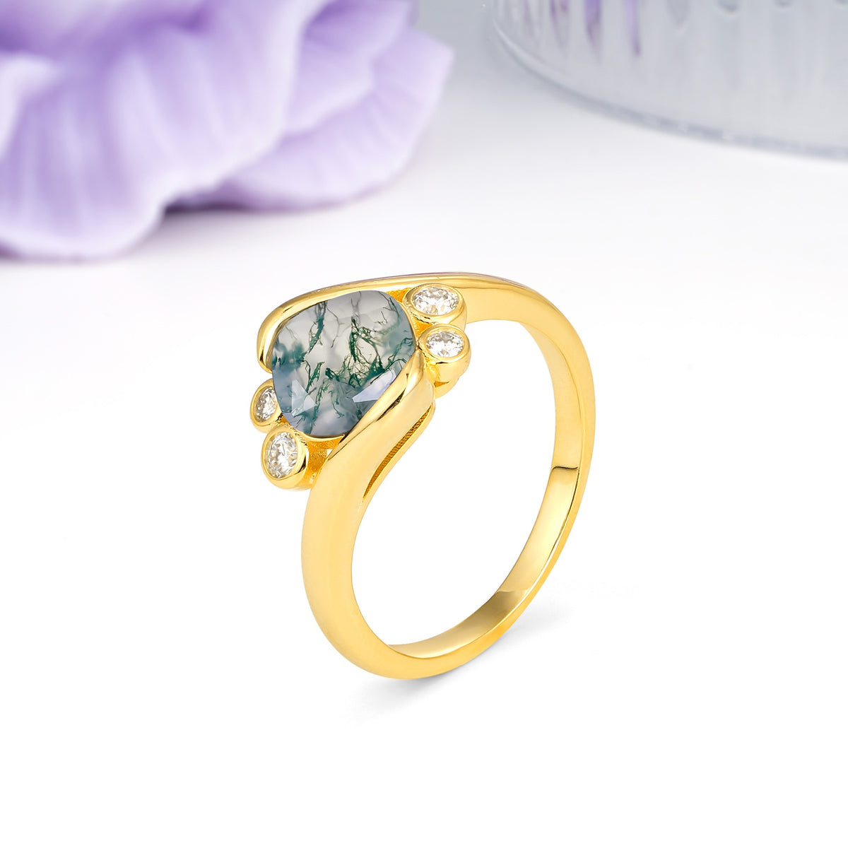 Unique Inset Princess Cut Moss Agate Engagement Ring - Additional view