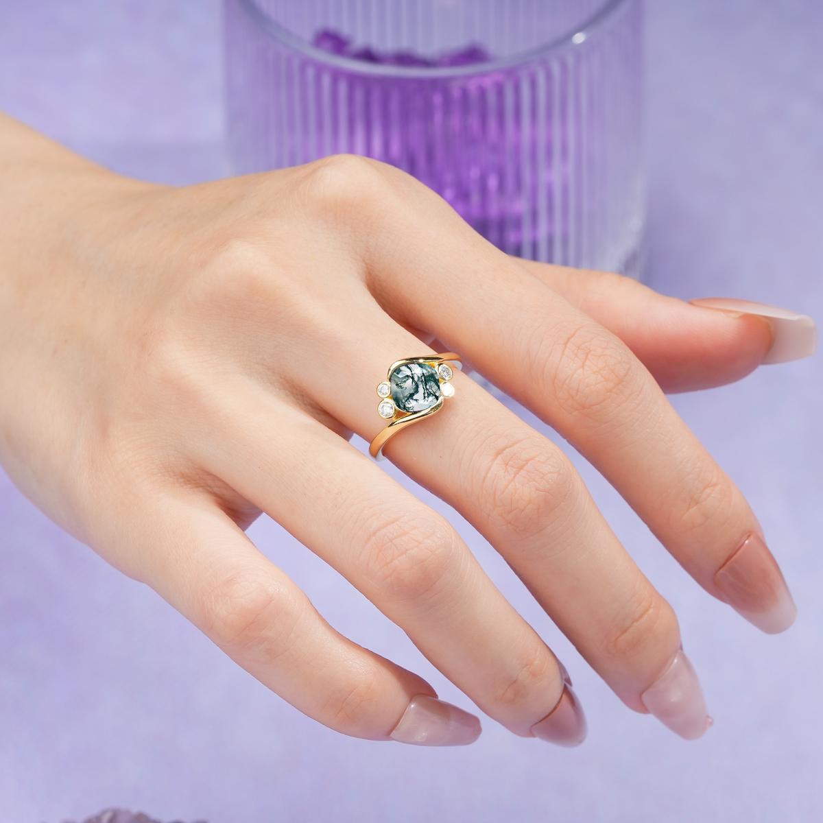 Unique Inset Princess Cut Moss Agate Engagement Ring