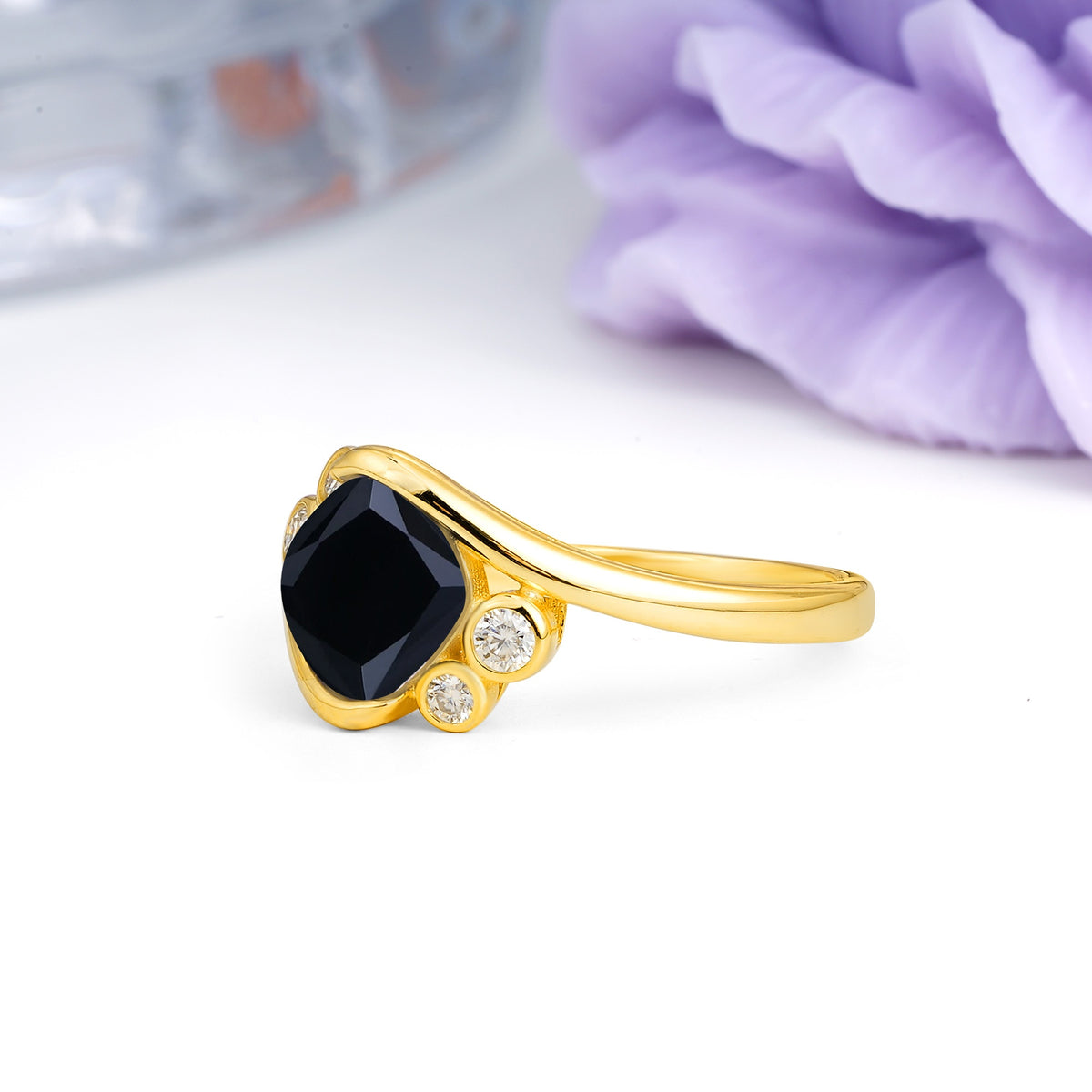 Unique Inset Princess Cut Black Onyx Engagement Ring - Additional view