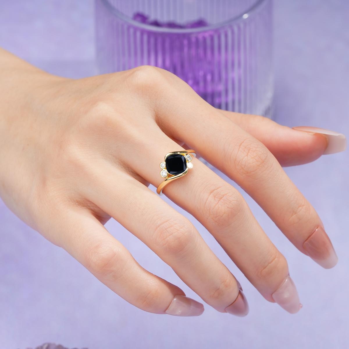 Unique Inset Princess Cut Black Onyx Engagement Ring