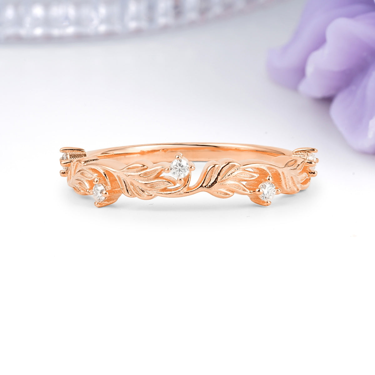 Symmetric Embossed Vine Leaf Hollow Band Four Round Cut Moissanite Wedding Ring - Additional view