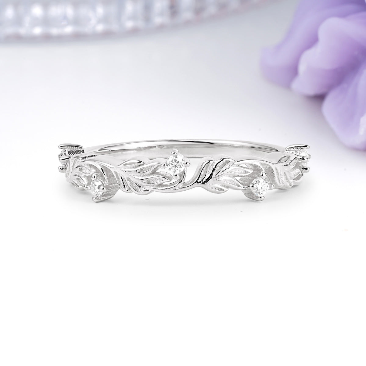 Symmetric Embossed Vine Leaf Hollow Band Four Round Cut Moissanite Wedding Ring - Additional view