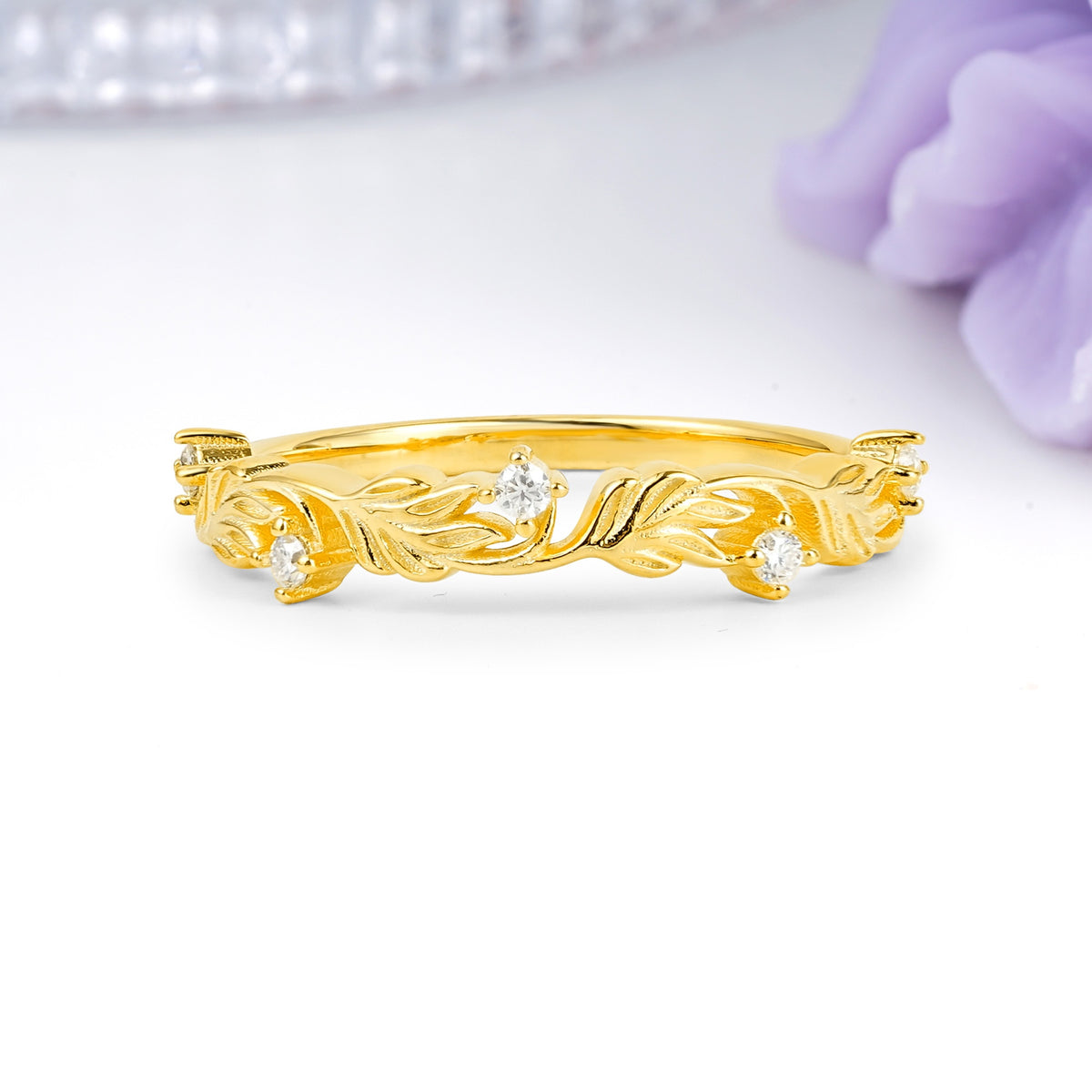 Symmetric Embossed Vine Leaf Hollow Band Four Round Cut Moissanite Wedding Ring - Additional view
