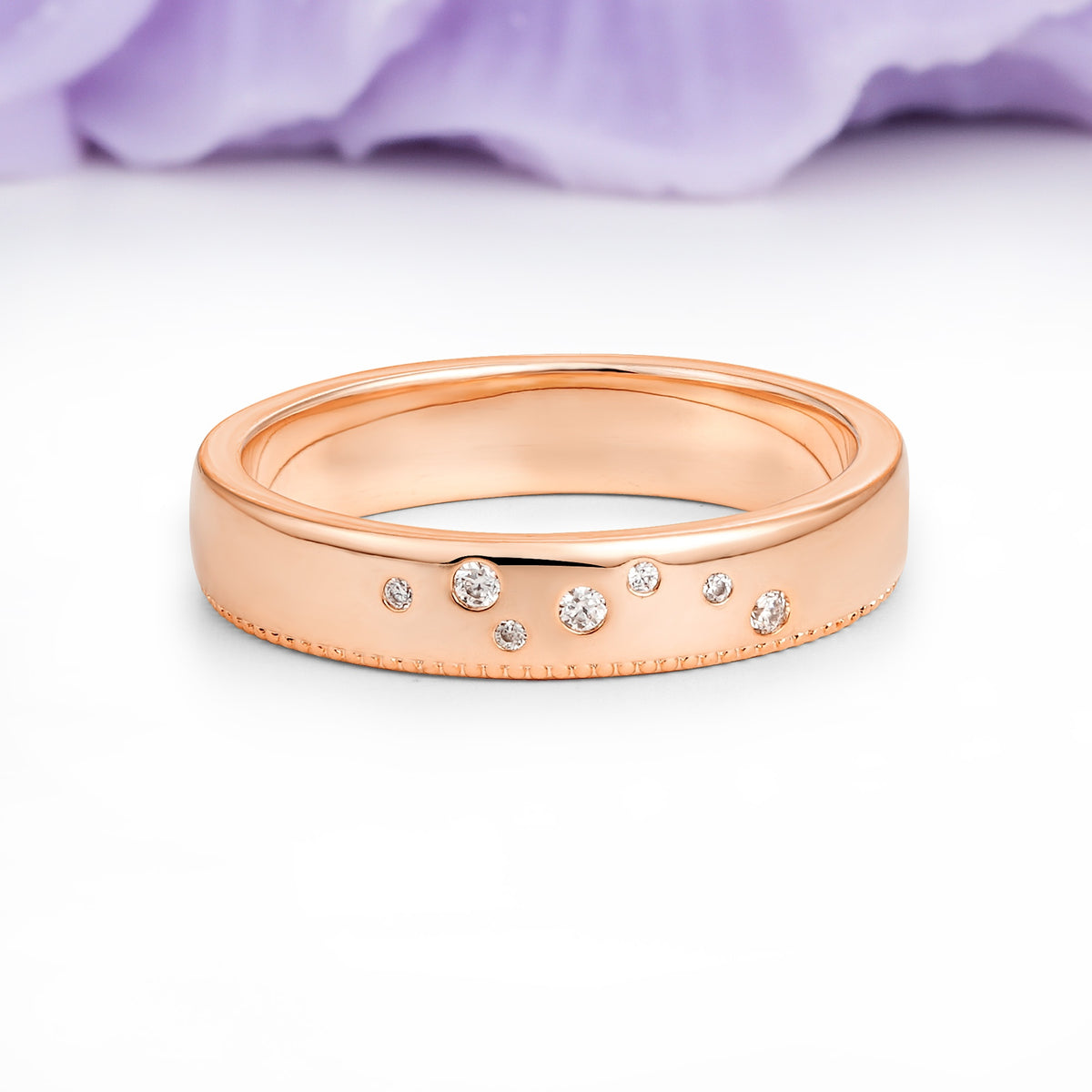 Wide Domed Comfort Fit Milgrain Bottom Beaded Edge Scattered Gradient Round Cut Moissanite Wedding Ring - Additional view