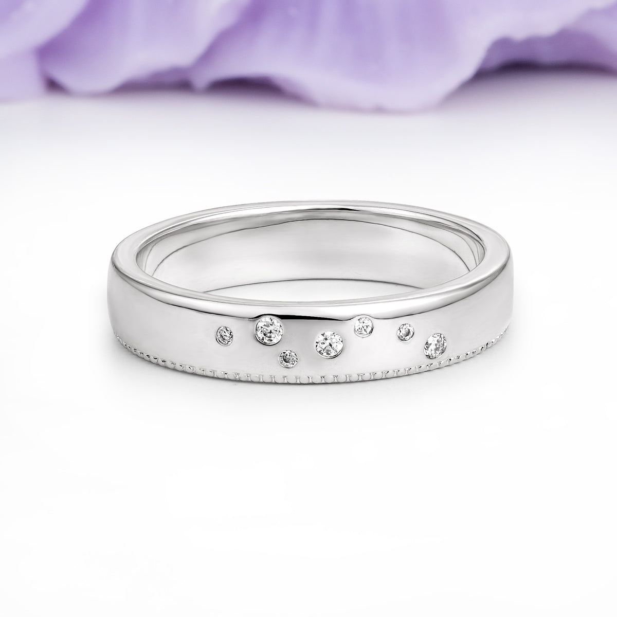 Wide Domed Comfort Fit Milgrain Bottom Beaded Edge Scattered Gradient Round Cut Moissanite Wedding Ring - Additional view