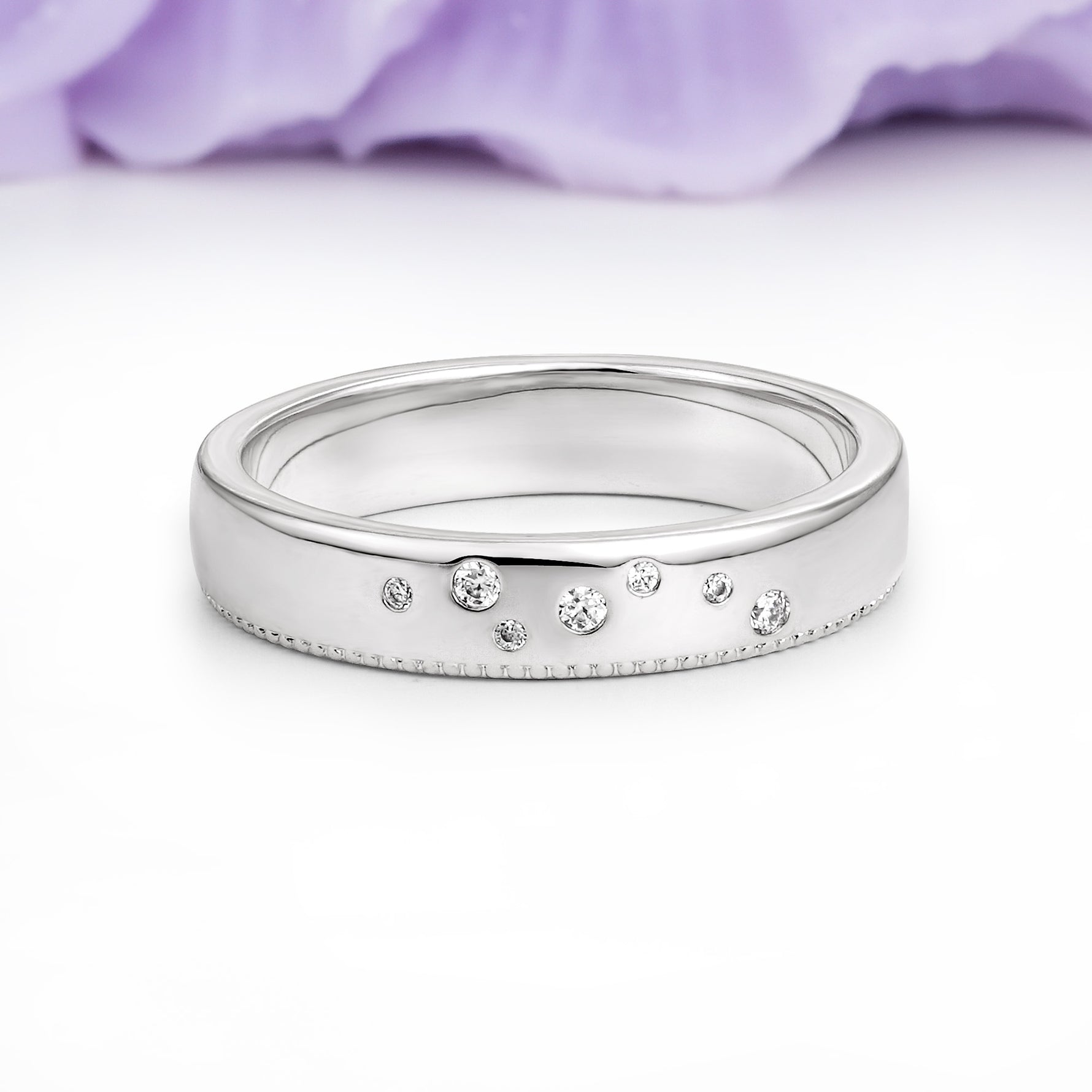Wide Domed Comfort Fit Milgrain Bottom Beaded Edge Scattered Gradient Round Cut Moissanite Wedding Ring - Additional view