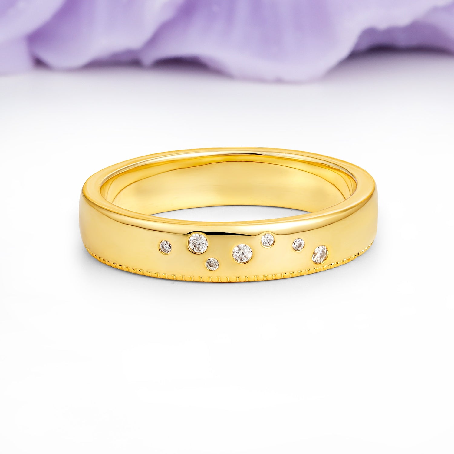 Wide Domed Comfort Fit Milgrain Bottom Beaded Edge Scattered Gradient Round Cut Moissanite Wedding Ring