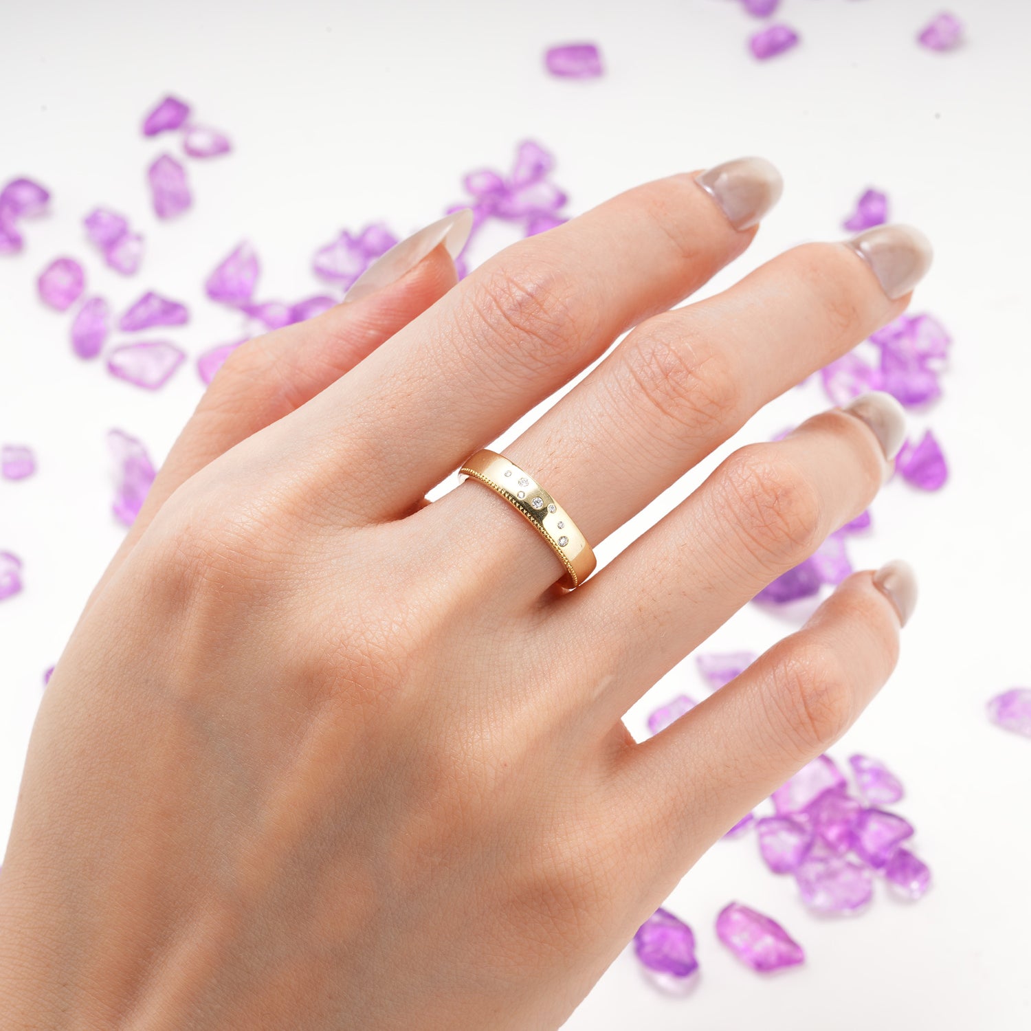 Wide Domed Comfort Fit Milgrain Bottom Beaded Edge Scattered Gradient Round Cut Moissanite Wedding Ring