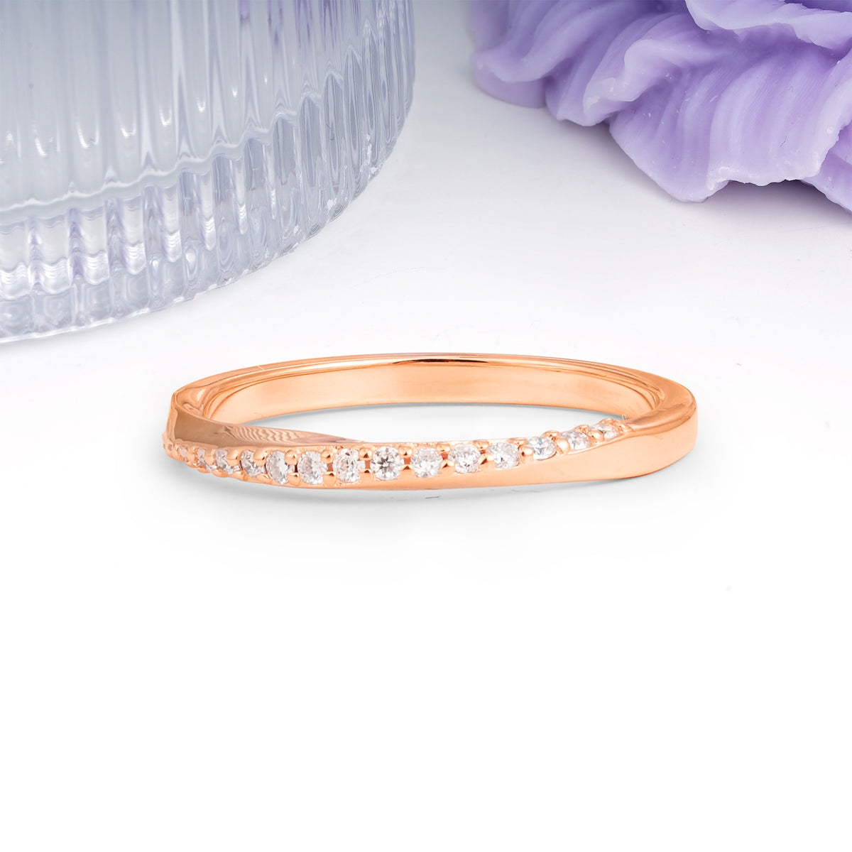 Soft Glossy Twisted Contour Half Way Channel Inlaid Tiny Gem Round Cut Moissanite Wedding Ring - Additional view