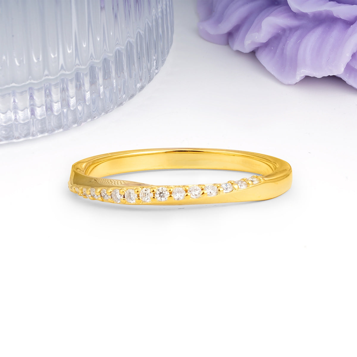 Soft Glossy Twisted Contour Half Way Channel Inlaid Tiny Gem Round Cut Moissanite Wedding Ring - Additional view
