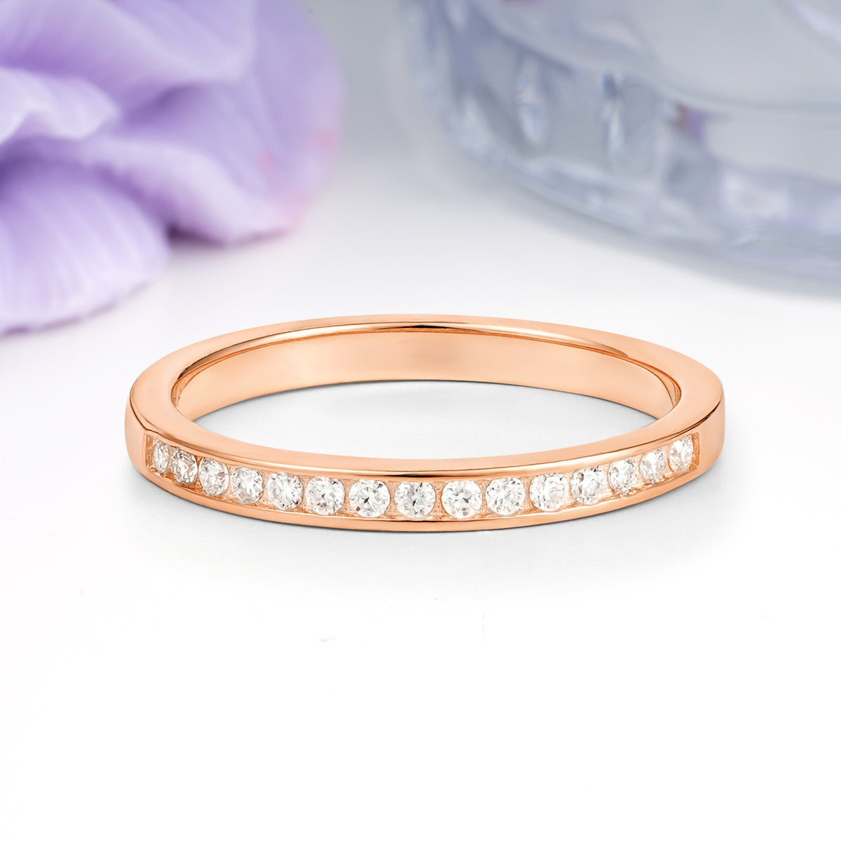 Soft Glossy Narrow Half Eternity Full Continuous Round Cut Moissanite Wedding Ring - Additional view