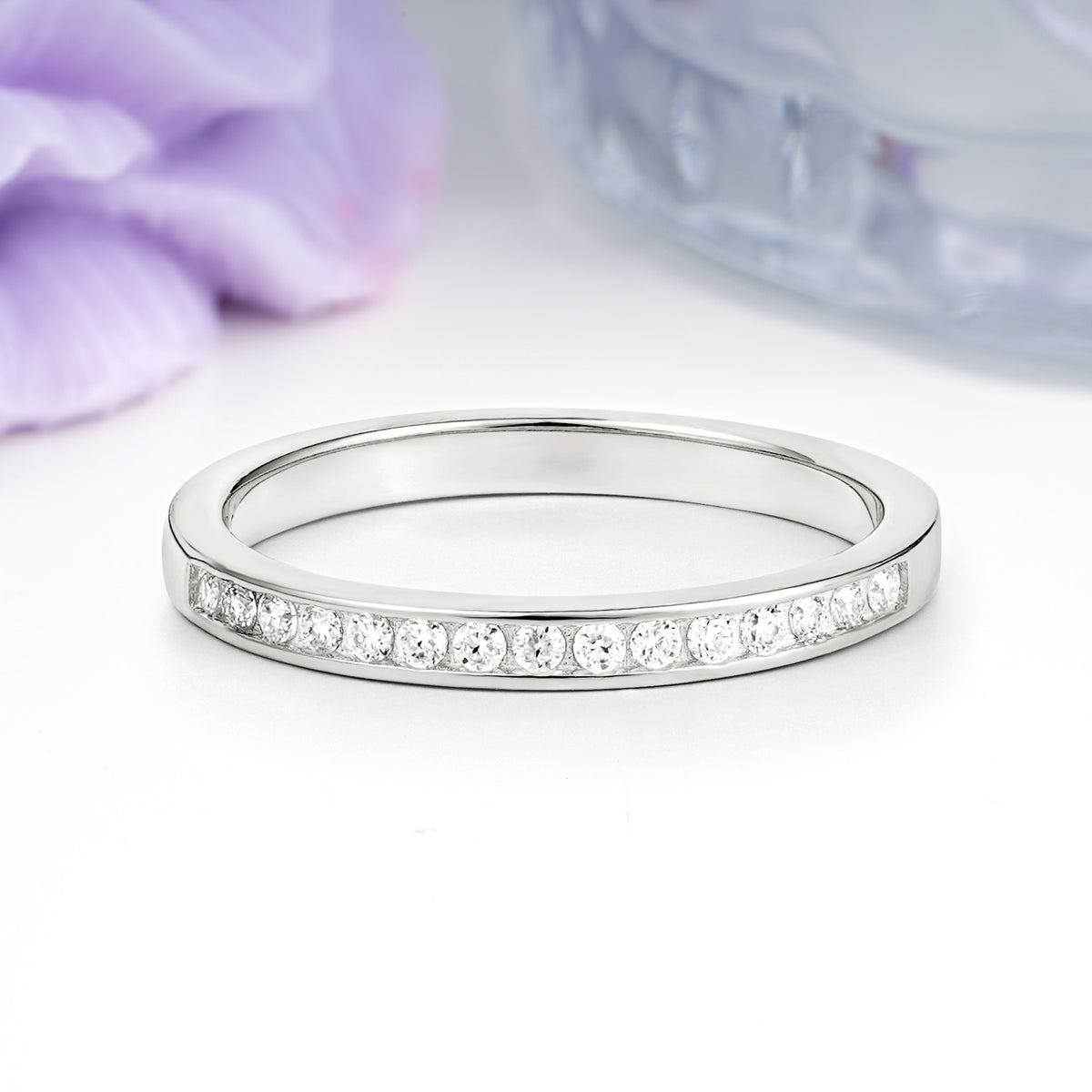 Soft Glossy Narrow Half Eternity Full Continuous Round Cut Moissanite Wedding Ring - Additional view