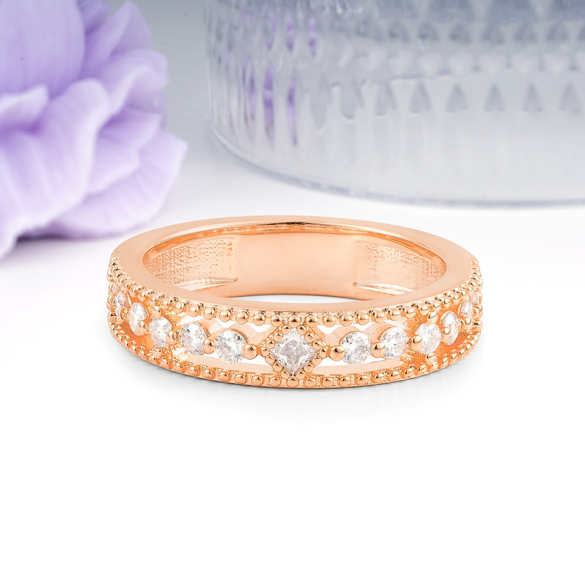 Wide Open Filigree Dual Milgrain Beaded Edge Princess Cut Moissanite Wedding Ring - Additional view