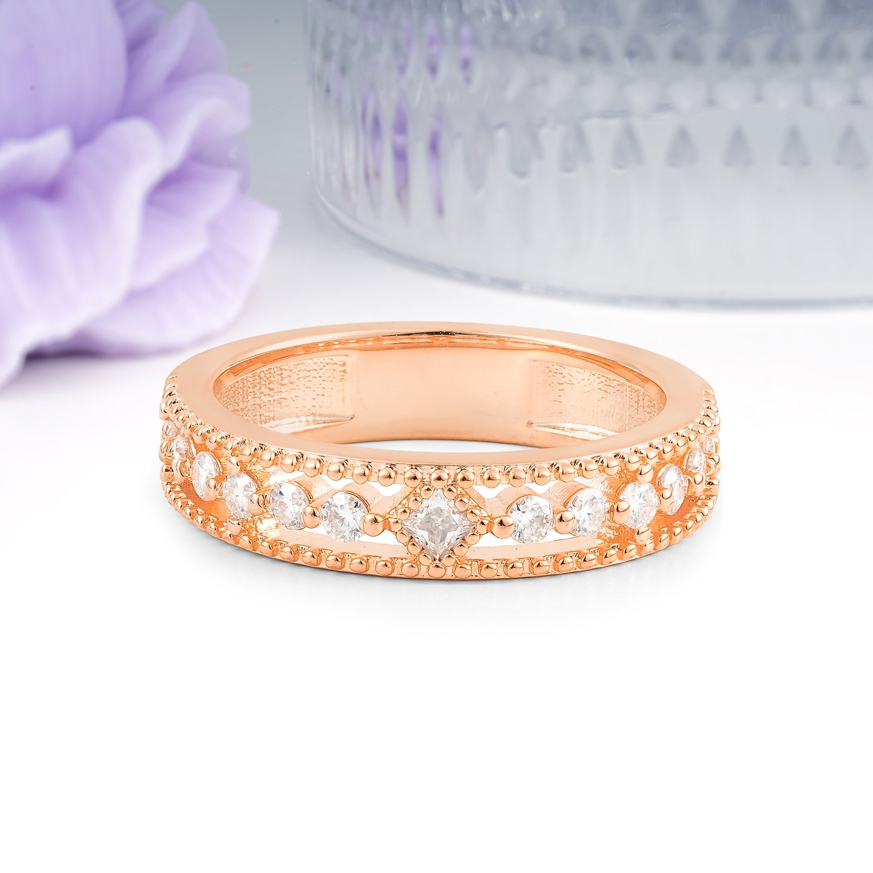 Wide Open Filigree Dual Milgrain Beaded Edge Princess Cut Moissanite Wedding Ring - Additional view