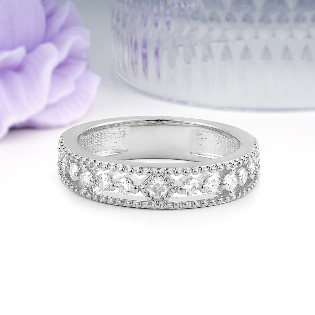 Wide Open Filigree Dual Milgrain Beaded Edge Princess Cut Moissanite Wedding Ring - Additional view