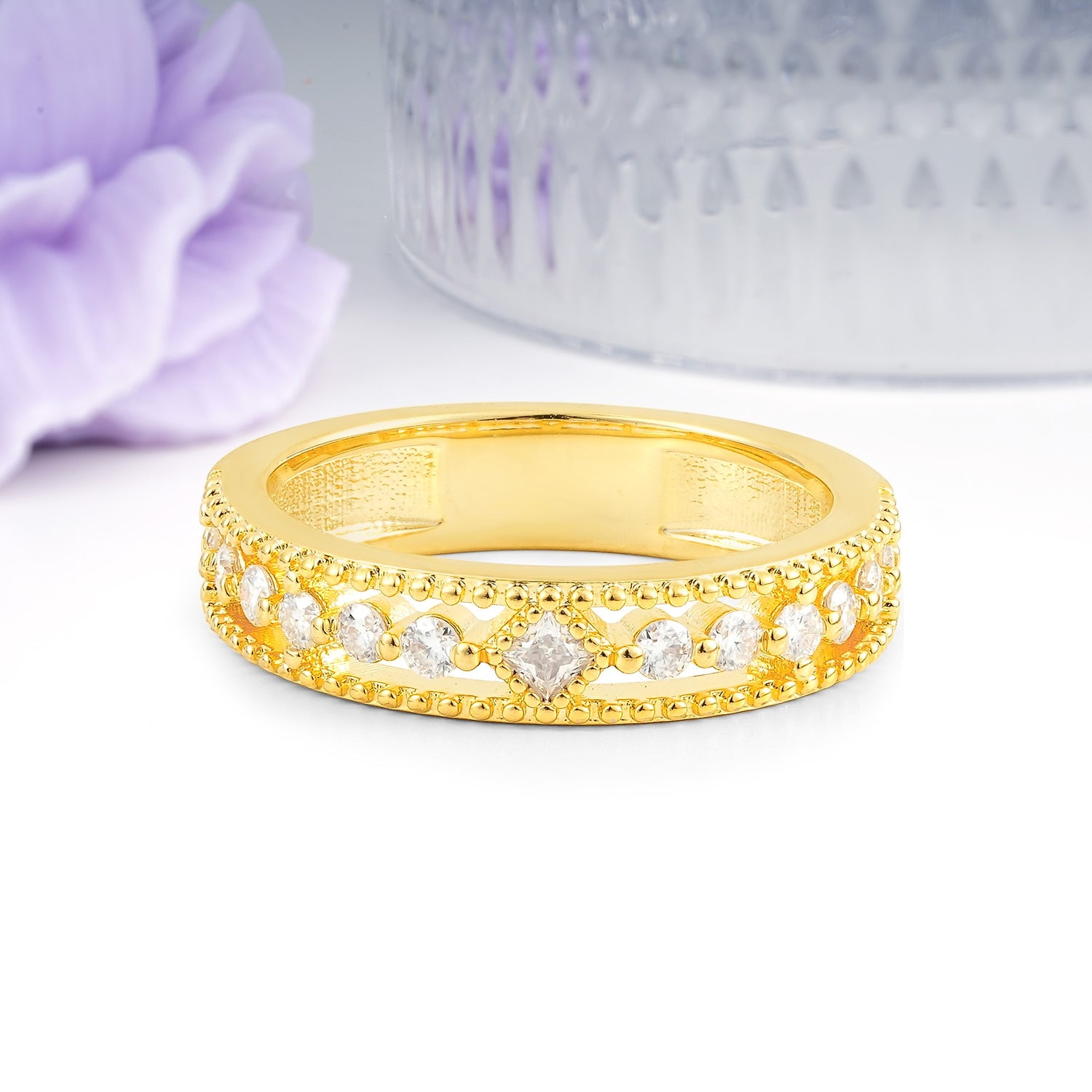Wide Open Filigree Dual Milgrain Beaded Edge Princess Cut Moissanite Wedding Ring