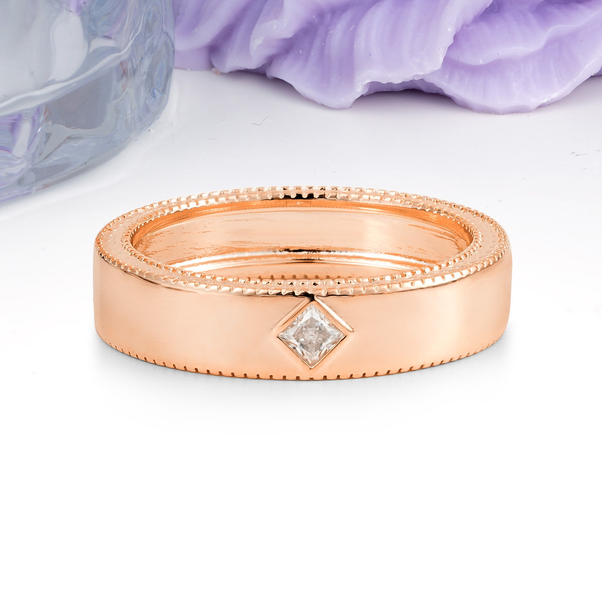 Wide Domed Full Dual Milgrain Beaded Edge Single Princess Cut Moissanite Wedding Ring - Additional view