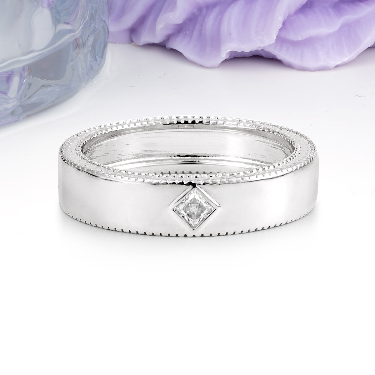 Wide Domed Full Dual Milgrain Beaded Edge Single Princess Cut Moissanite Wedding Ring - Additional view