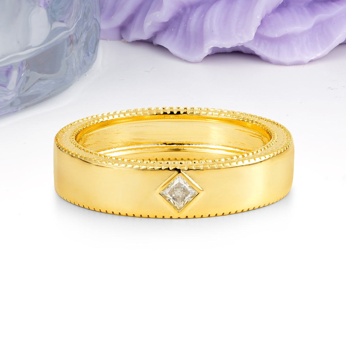 Wide Domed Full Dual Milgrain Beaded Edge Single Princess Cut Moissanite Wedding Ring - Additional view