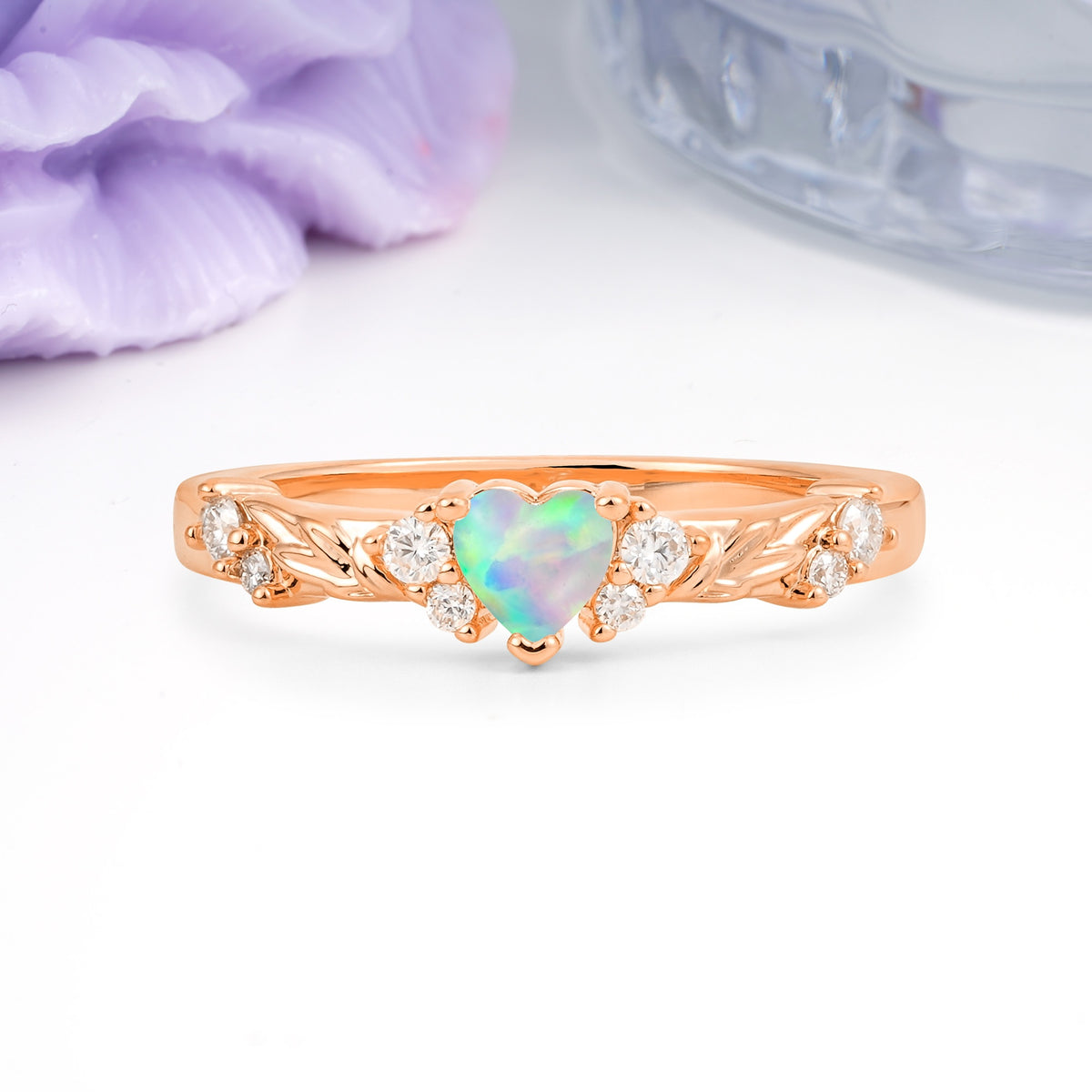 Dainty Twisted Branch Floral Outline Ball Prong Heart Cut Fire Opal Engagement Ring - Additional view