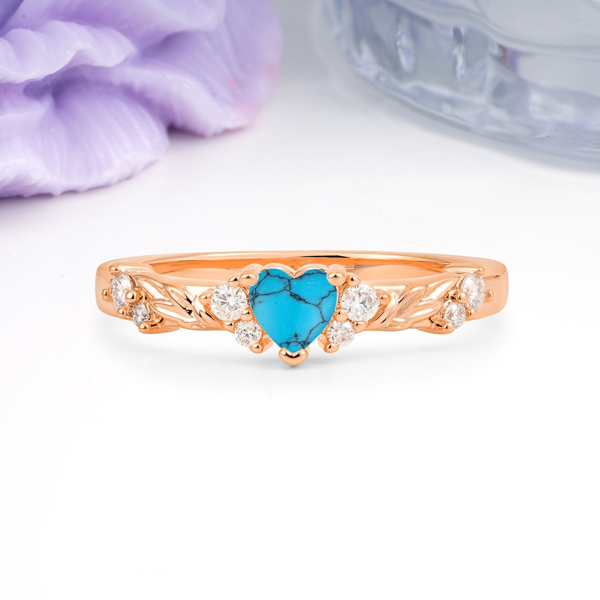 Dainty Twisted Branch Floral Outline Ball Prong Heart Cut Turquoise Engagement Ring - Additional view