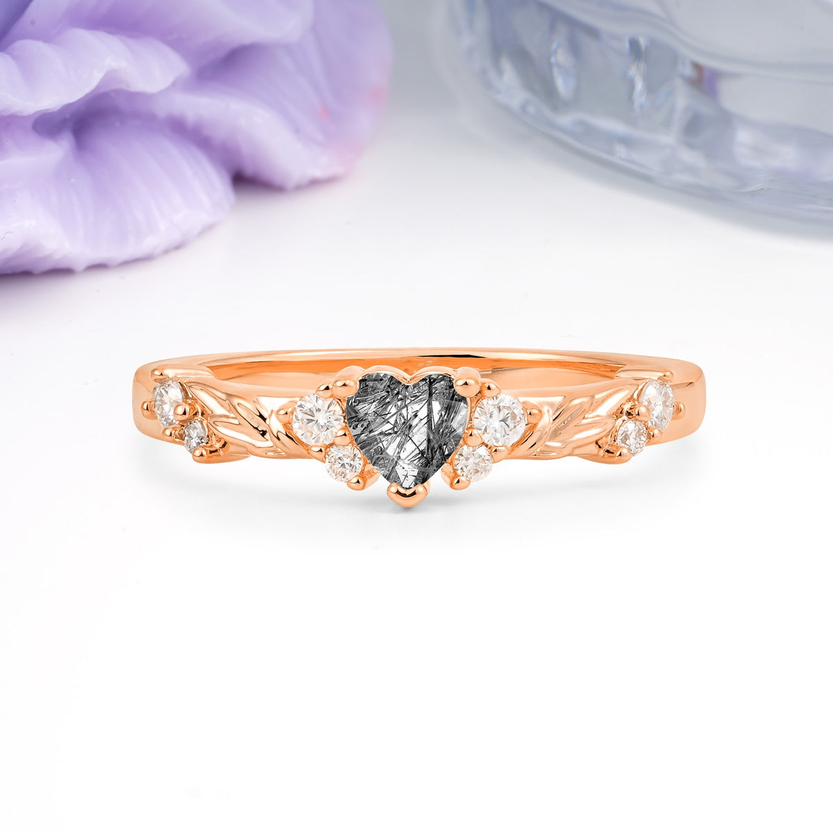 Dainty Twisted Branch Floral Outline Ball Prong Heart Cut Black Rutilated Quartz Engagement Ring - Additional view