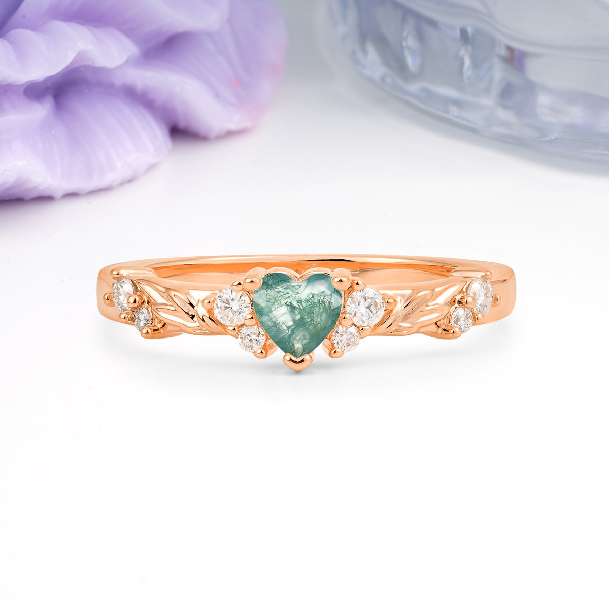Dainty Twisted Branch Floral Outline Ball Prong Heart Cut Moss Agate Engagement Ring - Additional view