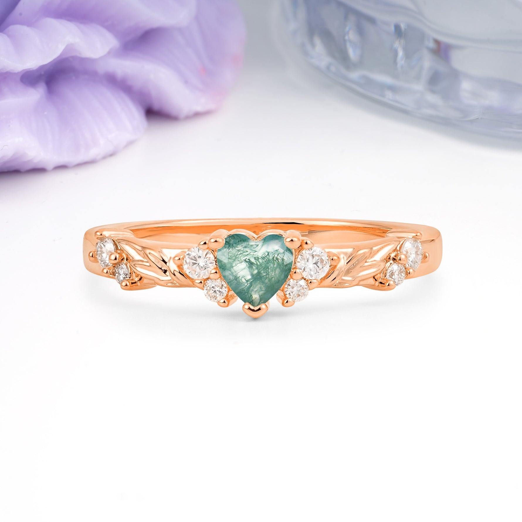 Dainty Twisted Branch Floral Outline Ball Prong Heart Cut Moss Agate Engagement Ring - Additional view
