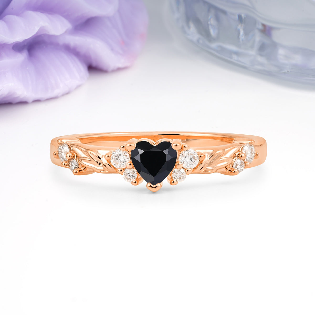 Dainty Twisted Branch Floral Outline Ball Prong Heart Cut Black Onyx Engagement Ring - Additional view