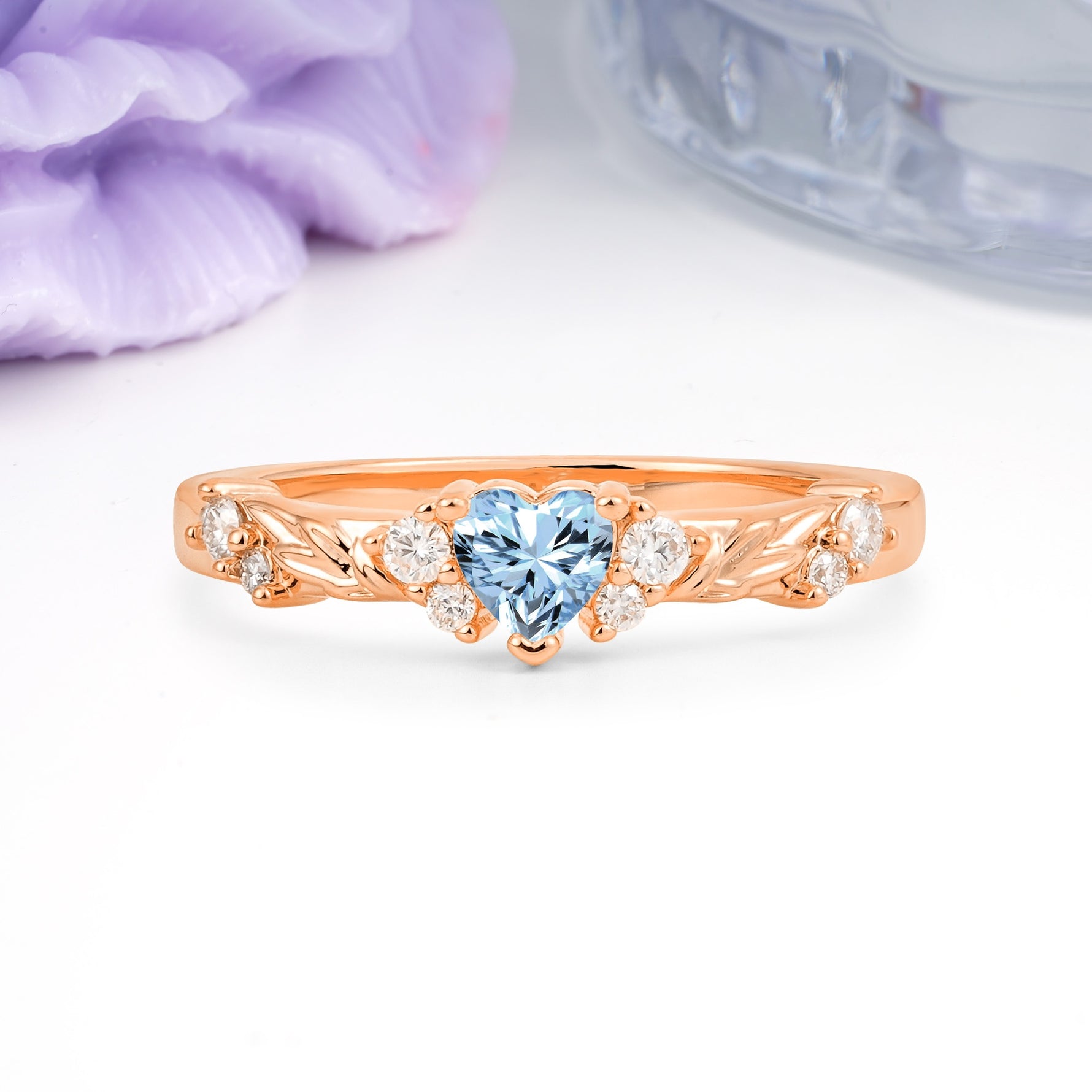 Dainty Twisted Branch Floral Outline Ball Prong Heart Cut Aquamarine Engagement Ring - Additional view