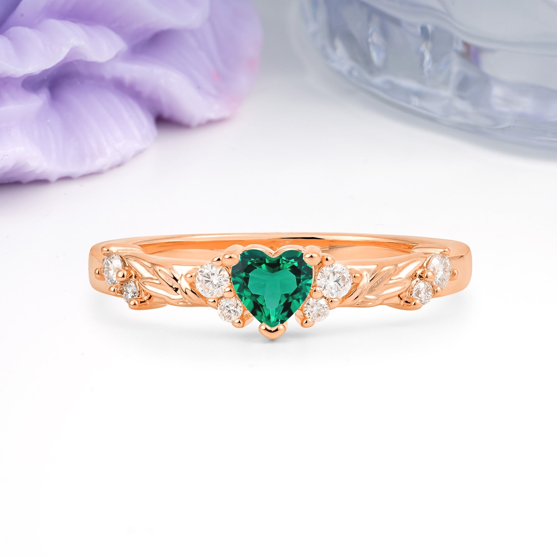 Dainty Twisted Branch Floral Outline Ball Prong Heart Cut Emerald Engagement Ring - Additional view