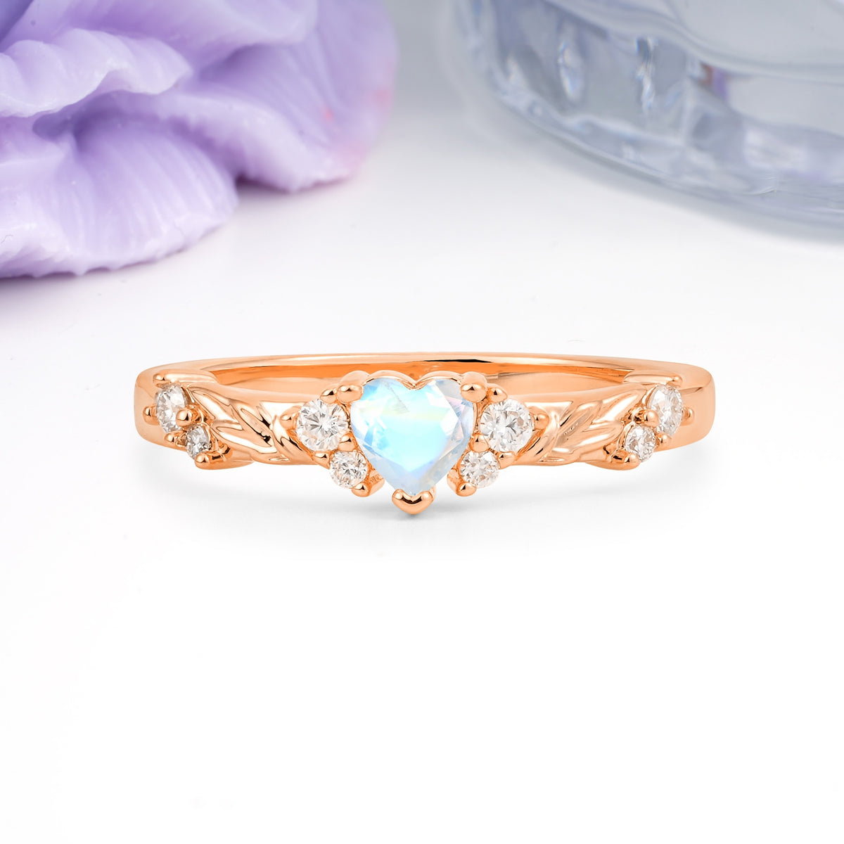 Dainty Twisted Branch Floral Outline Ball Prong Heart Cut Moonstone Engagement Ring - Additional view
