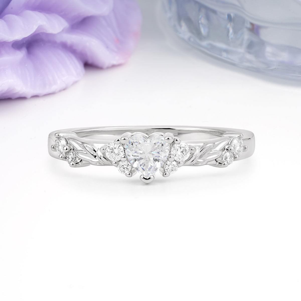 Dainty Twisted Branch Floral Outline Ball Prong Heart Cut Moissanite Engagement Ring - Additional view