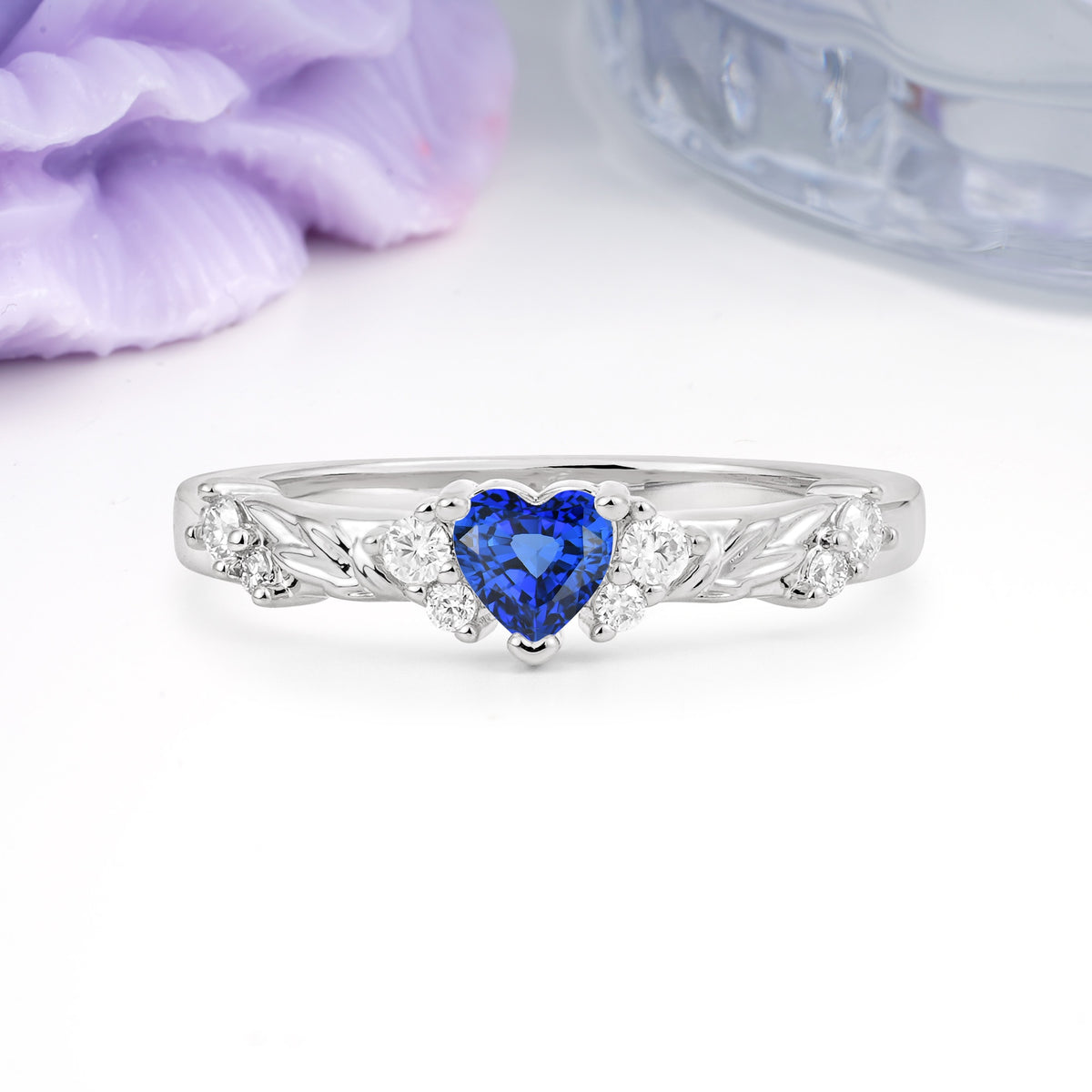 Dainty Twisted Branch Floral Outline Ball Prong Heart Cut Sapphire Engagement Ring - Additional view