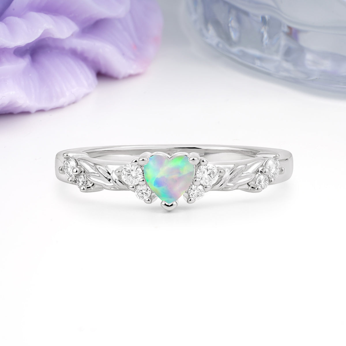 Dainty Twisted Branch Floral Outline Ball Prong Heart Cut Fire Opal Engagement Ring - Additional view