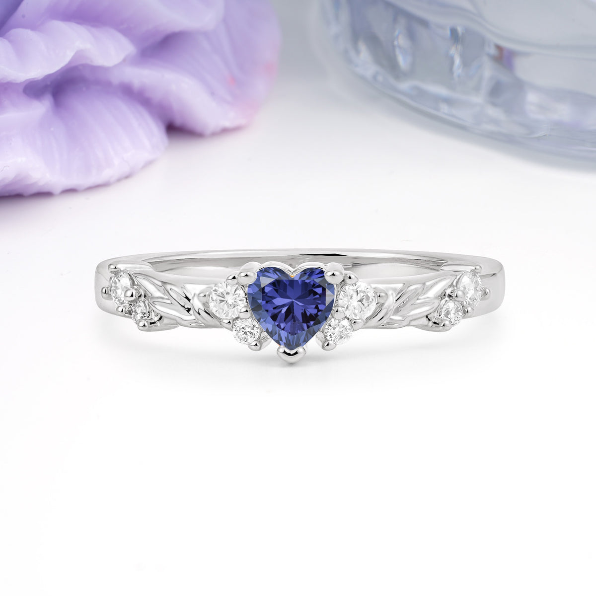 Dainty Twisted Branch Floral Outline Ball Prong Heart Cut Tanzanite Engagement Ring - Additional view