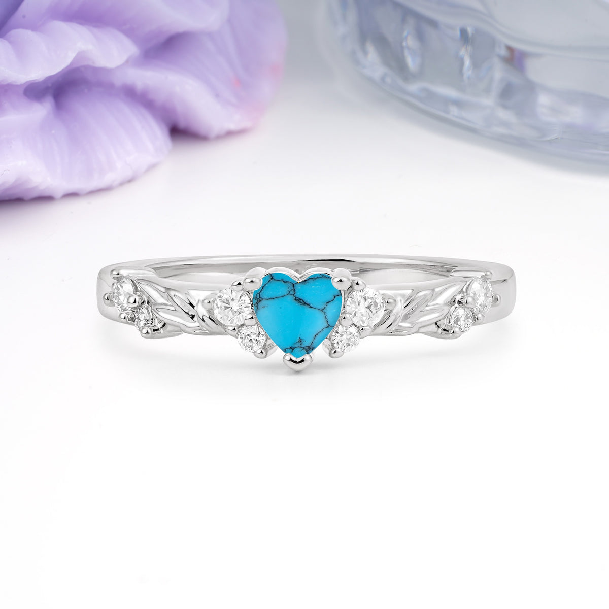 Dainty Twisted Branch Floral Outline Ball Prong Heart Cut Turquoise Engagement Ring - Additional view