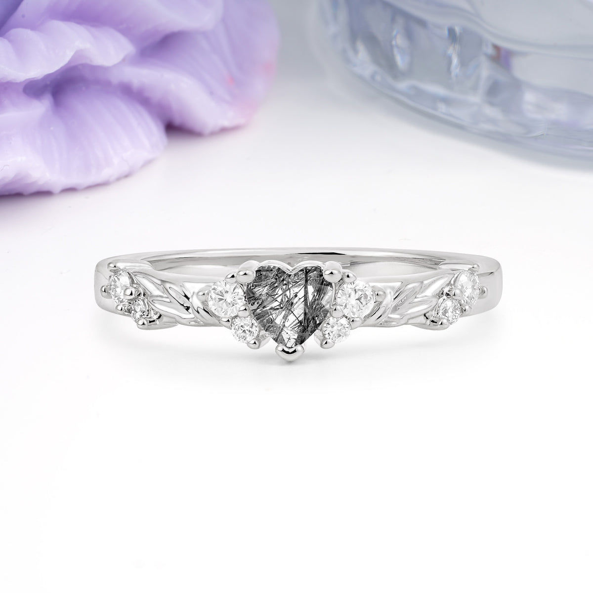 Dainty Twisted Branch Floral Outline Ball Prong Heart Cut Black Rutilated Quartz Engagement Ring - Additional view