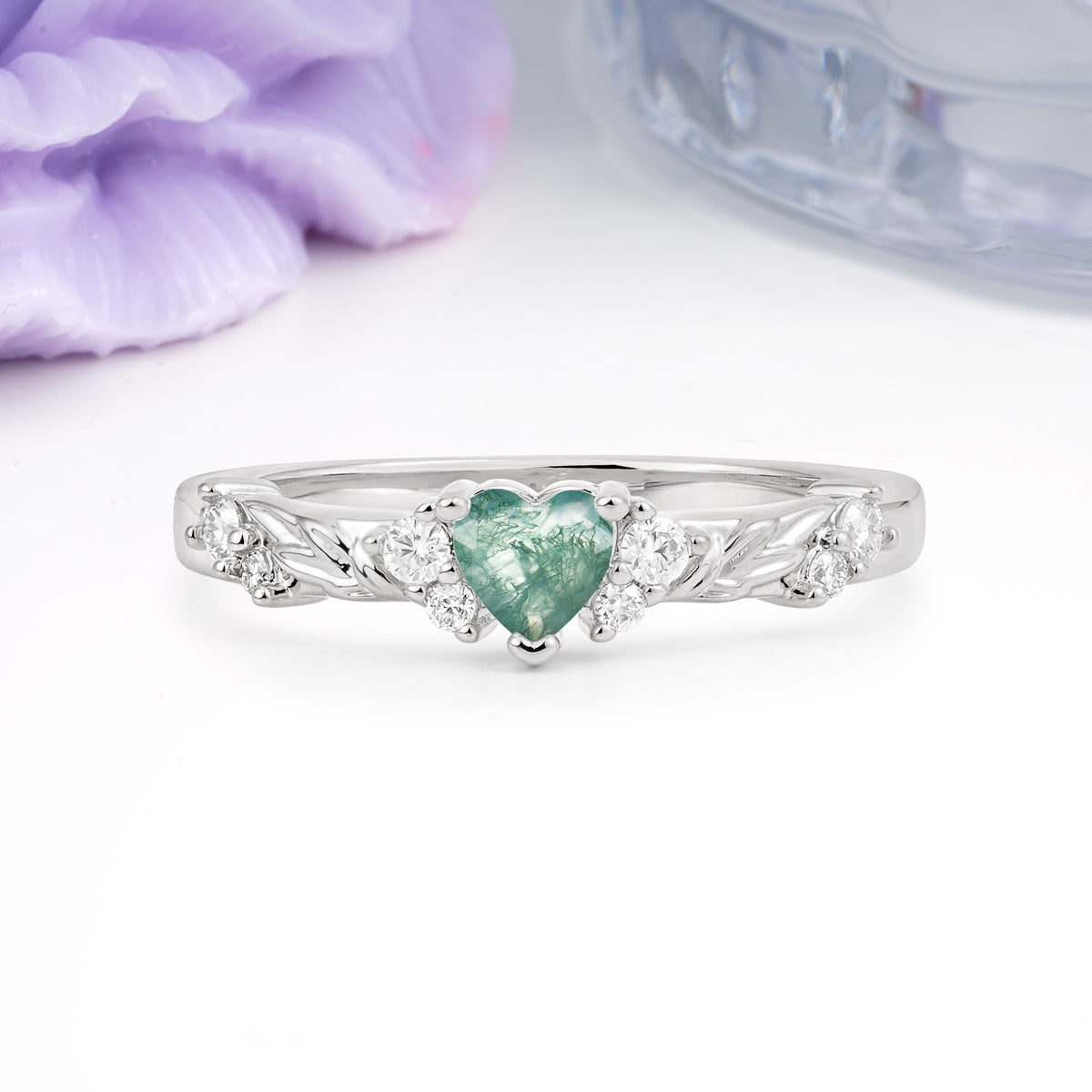 Dainty Twisted Branch Floral Outline Ball Prong Heart Cut Moss Agate Engagement Ring - Additional view
